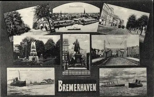 Ak Bremerhaven, Totalansicht, Denkmal, Brücke, Dampfer, Kirchenplatz