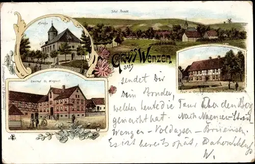 Litho Wenzen Einbeck in Niedersachsen, Gasthof, Kirche, Post, Geschäftshaus, Totalansicht