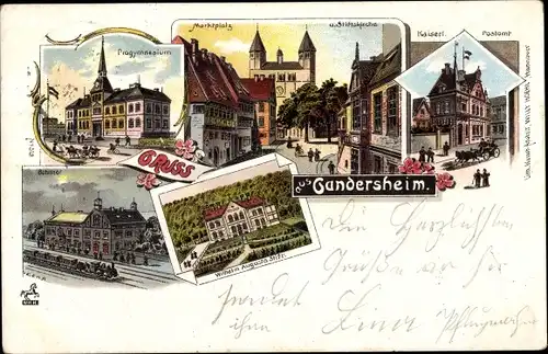 Litho Bad Gandersheim am Harz, Stiftskirche, Wilhelm Augusta Stift, Bahnhof, Gleisseite,Progymnasium