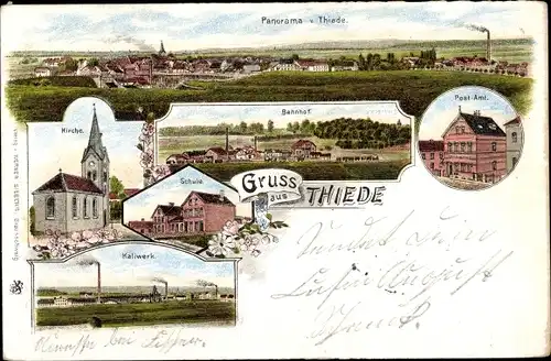 Litho Thiede Salzgitter in Niedersachsen, Panorama, Bahnhof, Schule, Kaliwerk, Kirche, Postamt