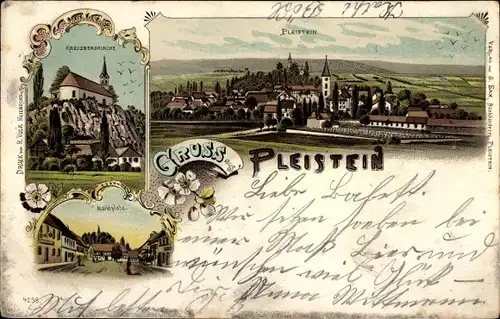 Litho Pleystein in der Oberpfalz Bayern, Marktplatz, Kirche, Totalansicht