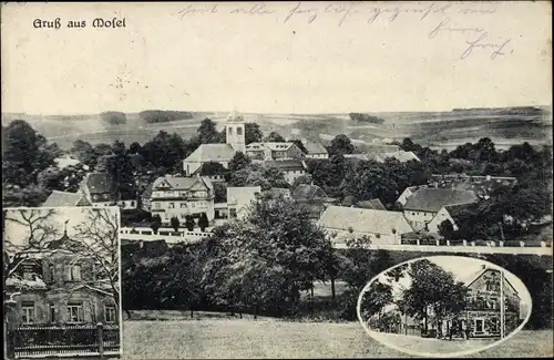 Ak Mosel Zwickau in Sachsen, Gesamtansicht, Kirche, Geschäftshaus, Villa
