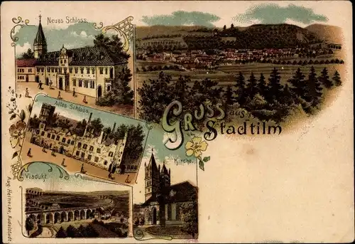 Litho Stadtilm in Thüringen, Neues Schloss, Altes Schloss, Viadukt, Kirche, Panorama