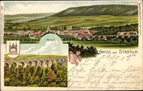 Litho Stadtilm in Thüringen, Panorama, Viadukt, Wappen