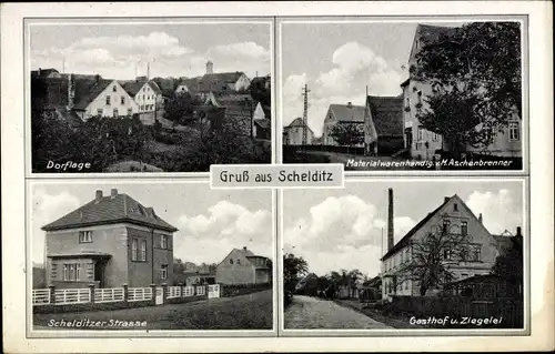 Ak Schelditz Rositz Thüringen, Dorflage, Gasthof, Ziegelei, Schelditzer Straße, Geschäftshaus