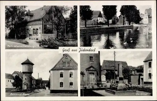 Ak Jüdendorf Steigra, Wasserturm, Denkmalplatz, Denkmal, Dorfteich, Geschäft Kaßler
