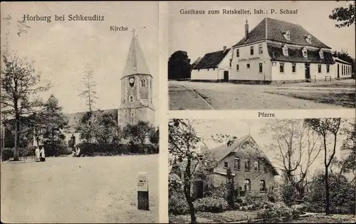 Ak Horburg Maßlau Leuna an der Saale, Kirche, Gasthaus zum Ratskeller, Pfarre