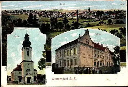 Ak Wintersdorf Meuselwitz in Thüringen, Gesamtansicht, Kirche, Schule