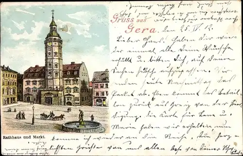 Litho Gera in Thüringen, Rathaus und Markt