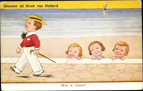 Künstler Ak Wills, John, Hoek van Holland, Mädchen am Strand schauen Jungen hinterher