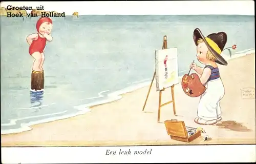 Künstler Ak Wills, John, Hoek van Holland, Junge als Maler am Strand, Mädchen im Badeanzug