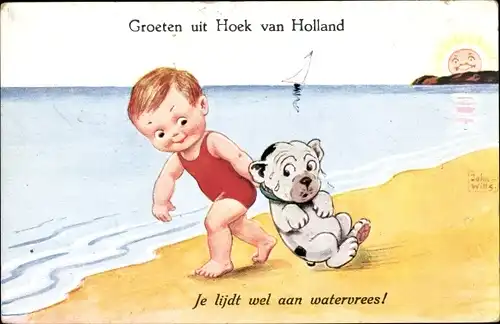 Künstler Ak Wills, John, Hoek van Holland, Junge am Strand zieht Hund ins Wasser