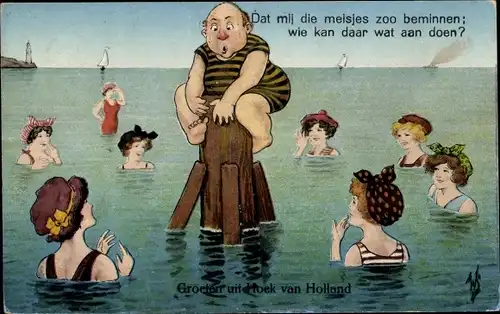 Künstler Ak Scheuermann, W., Hoek van Holland, Mann im Badeanzug auf einer Buhne, Frauen im Wasser