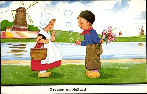 Künstler Ak Wills, John, Paar in niederländischer Tracht, Windmühle