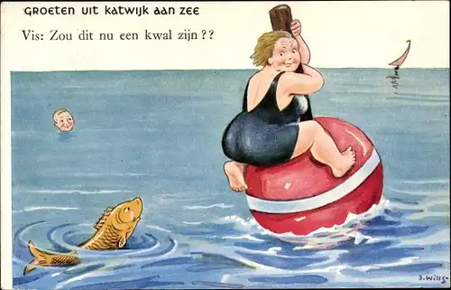 Künstler Ak Wills, John, Katwijk aan Zee, Dicke Frau im Badekleid auf einer Boje, Fisch