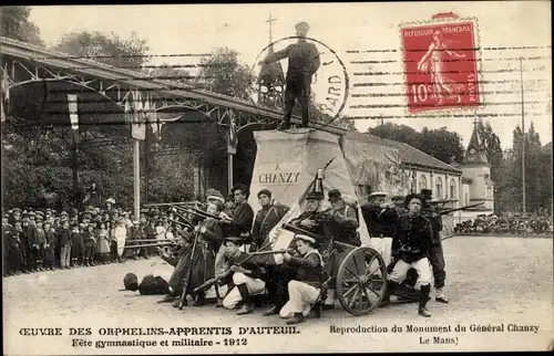 Ak Paris XVI Passy Auteuil, Waiseneinrichtung, Turnfest und Militärfest 1912, Denkmal General Chanzy