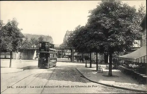Ak Paris XVI Passy, Rue d'Auteuil, Eisenbahnbrücke, Straßenbahn