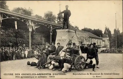 Ak Paris XVI Passy Auteuil, Waiseneinrichtung, Turnfest und Militärfest 1912, Denkmal General Chanzy