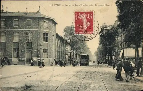 Ak Paris XIV Observatoire, Rue d'Alésia, Rue Didot, Schulen, Straßenbahn