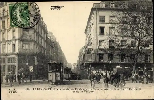 Ak Paris, Faubourg du Temple, Boulevard de Belleville, Boulevard de la Villette, Straßenbahn