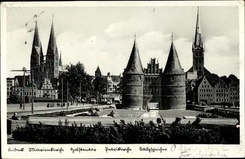 Ak Hansestadt Lübeck, Marienkirche, Holstentor, Petrikirche, Salzspeicher