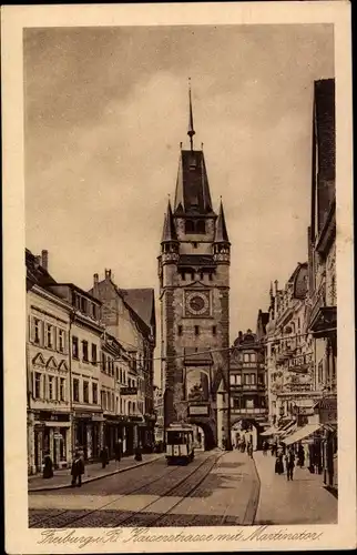 Ak Freiburg im Breisgau, Kaiserstraße, Martinstor, Straßenbahn, Geschäfte