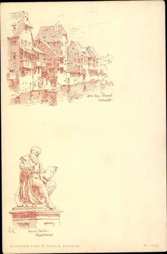 Künstler Litho Nürnberg in Mittelfranken, Insel Schütt, Hans Sachs Denkmal