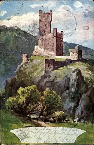Künstler Ak Niederheimbach am Rhein, Burg Sooneck, Burg Sonneck