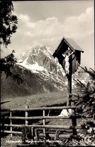 Ak Mittenwald in Oberbayern, Wegkreuz, Wetterstein