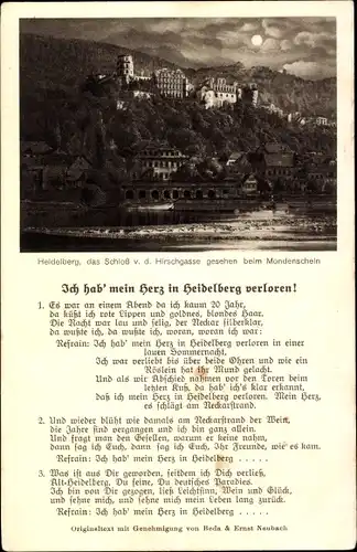 Ak Heidelberg am Neckar, Schloss von der Hirschgasse gesehen, Mondschein, Gedicht