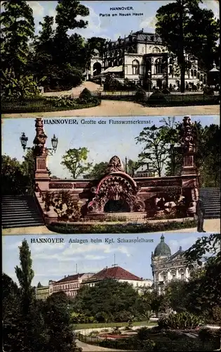 Ak Hannover in Niedersachsen, Neues Rathaus, Grotte der Flusswasserkunst, Kgl. Schauspielhaus