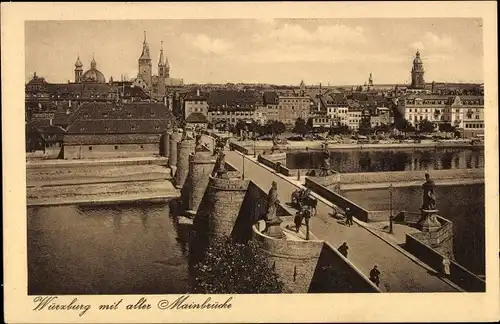 Ak Würzburg am Main Unterfranken, alte Mainbrücke, Ortsansicht, Kirche