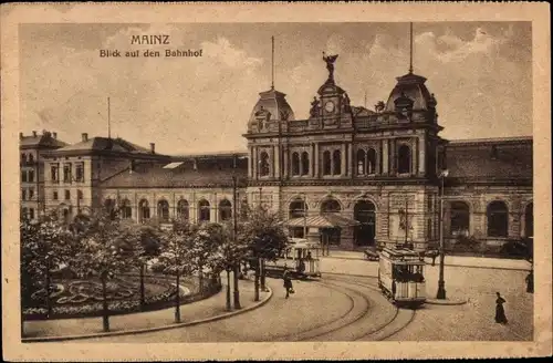 Ak Mainz am Rhein, Bahnhof, Straßenbahn