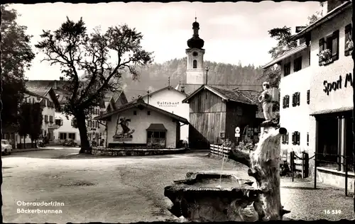 Ak Oberaudorf am Inn Oberbayern, Bäckerbrunnen, Volksbank, Sport-Geschäft