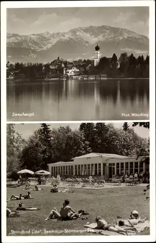 Foto Ak Seeshaupt am Starnberger See Oberbayern, Teilansicht, Strandbad Lido, Badegäste