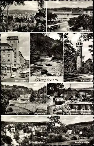 Ak Pforzheim im Schwarzwald, Wasserturm, Jahnhalle, Industriehaus, Nagoldbad, Dillweißenstein