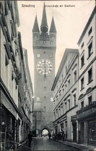 Ak Straubing an der Donau Niederbayern, Steinerstraße, Stadtturm