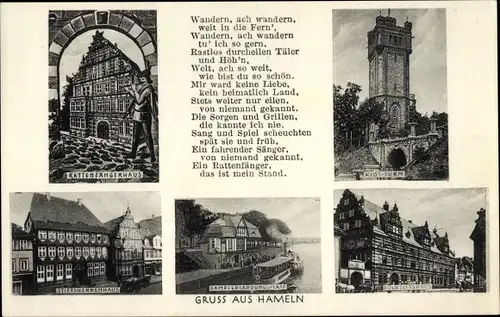 Ak Hameln an der Weser Niedersachsen, Dampferlandungsplatz, Rattenfängerhaus, Klüt-Turm