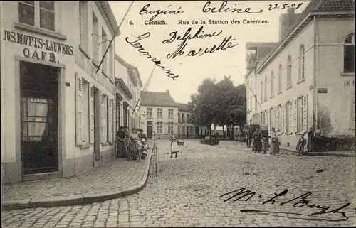 Ak Contich Kontich Flandern Antwerpen, Rue de la Station des Casernes, Café