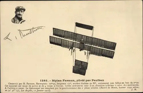 Ak Biplane Farman, gesteuert von Paulhan, Flugzeug, Flugpionier