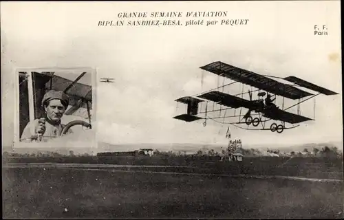 Ak Grande Semaine d'Aviation, Doppeldecker Sanchez-Besa, gesteuert von Péquet, Pilot, Flugpionier