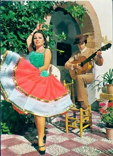 Stoff Ak Frau in spanischer Volkstracht, Tänzerin, Gitarrenspieler