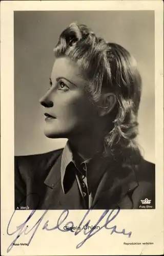 Ak Schauspielerin Gisela Uhlen, Portrait, seitliches Profil, Ross Verlag 3341/2, Autogramm