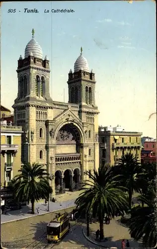 Ak Tunis Tunesien, La Cathedrale, Straßenpartie mit Blick auf Kathedrale