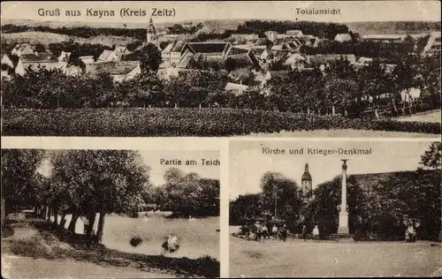 Ak Kayna Zeitz in Sachsen Anhalt, Totalansicht, Teich, Kirche, Kriegerdenkmal