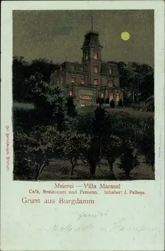 Mondschein Ak Burgdamm Burglesum Bremen, Meierei Villa Marssel, Café, Restaurant, Pension