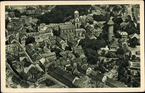 Ak Auerbach im Vogtland Sachsen, Fliegeraufnahme, Altstadt, Kirche, Wehrturm