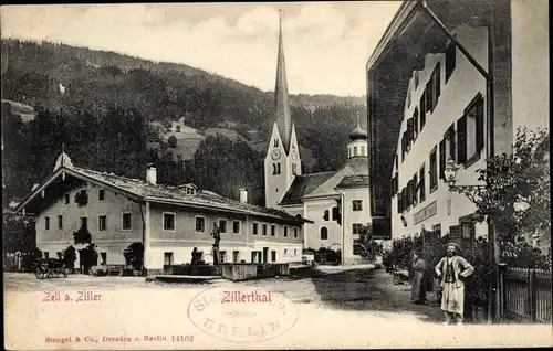 Ak Zell am Ziller in Tirol, Dorfpartie, Kirche, Gasthof