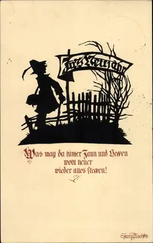 Scherenschnitt Künstler Ak Plischke, Georg, Glückwunsch Neujahr, Mann vor einem Zaun