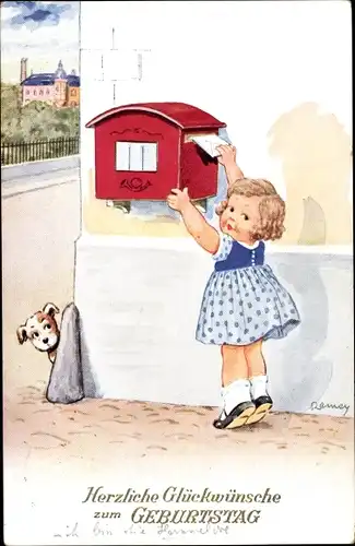 Künstler Ak Glückwunsch Geburtstag, Mädchen wirft Brief in Postbriefkasten